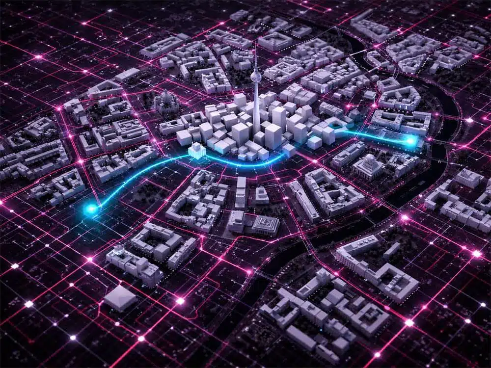 Visualisierung eines urbanen Quanten-Netzwerks über Berliner Glasfaserinfrastruktur