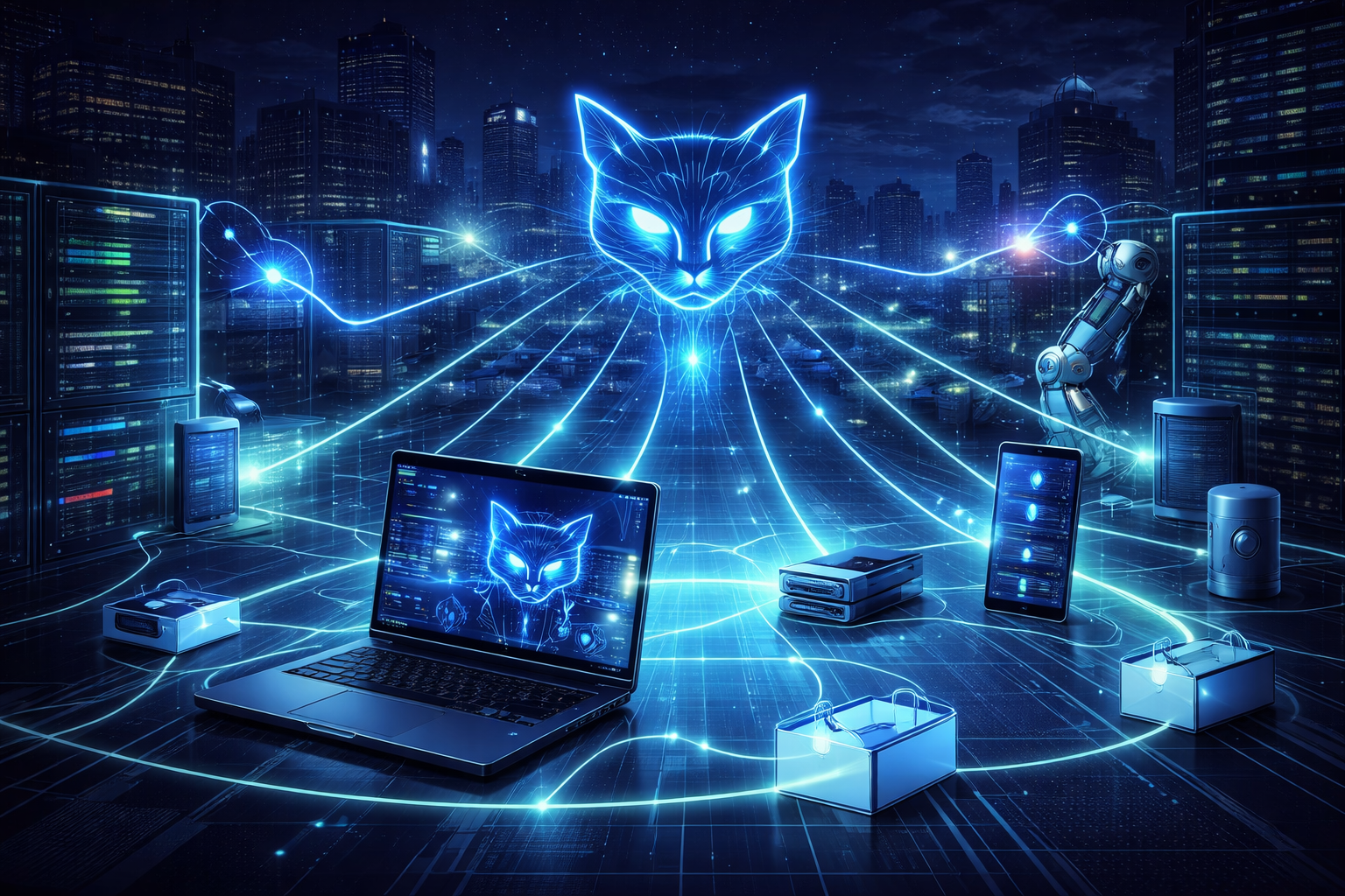 Visualisierung eines vernetzten KI-Agenten-Systems in urbaner Infrastruktur