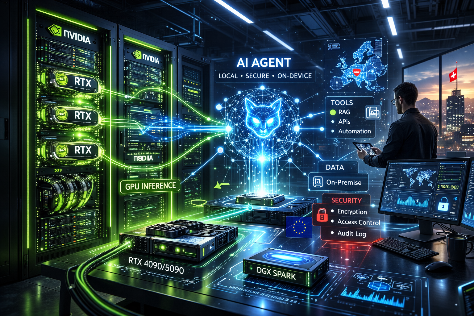 Lokale KI-Infrastruktur mit Hardware- und Rechenzentrumsaesthetik