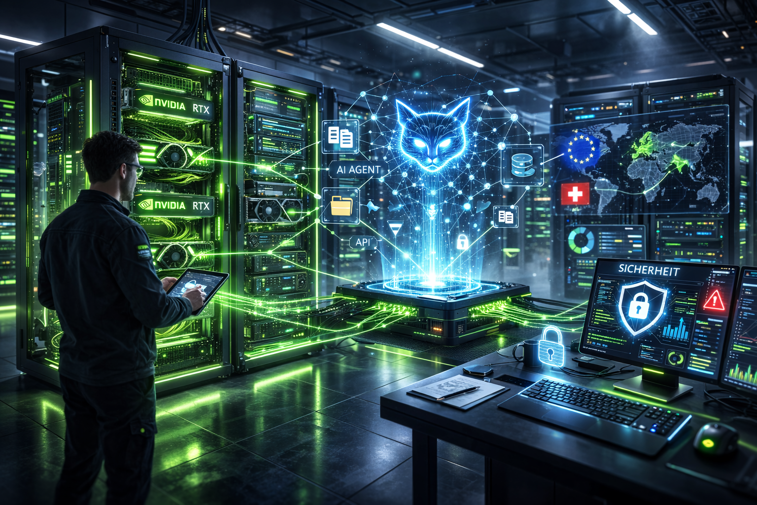 Visualisierung von Agenten-Orchestrierung zwischen Endgeraet, Netzwerk und Unternehmenssystemen